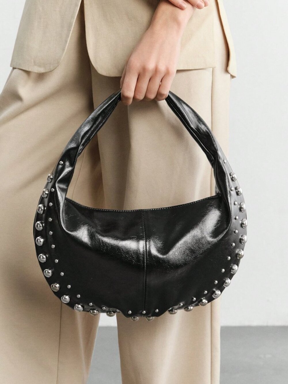 Black faux leather Casual Women's Studded Shoulder Bag - Picture 6 of 9